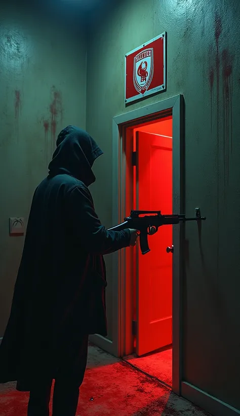 " Surreal scene showing Majjuraj holding an Aga gun moving through a door bearing the emblem of the sports team. Each door open has a bloody trail of being eliminated or defeated. Majjuraj wearing a dark hooded headdress as he approaches the final door, wh...