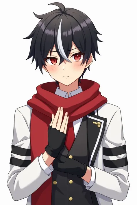 anime boy, black hair with white tips ,  messy hair .  white shirt with tie ,  black vest,  above a white coat with two horizontal lines on his arms,  on the lapel he is black but has white lines .  Thick red scarf that reaches up to the jaw . Thin red eye...