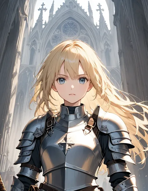 Blond Joan of Arc wearing armor and carrying a sword, With a keen gaze