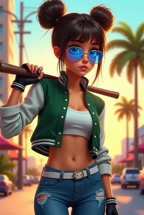 A hot young adult female hairstyled in twin buns with bangs, blue eyes wearing blue aviator shades, a green cropped varsity jacket with white sleeved rolled up over a white cropped tank top, black fingerless gloves, fitted. torn denim jeans with a white be...