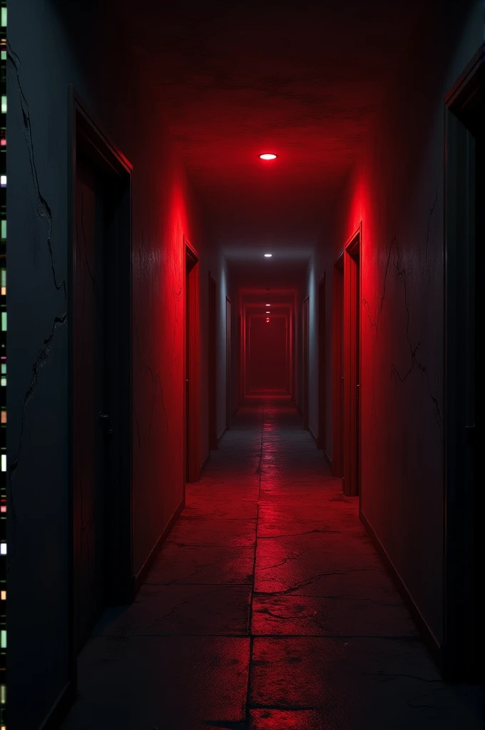 Long shadows, slightly cracked walls, and a faint red glow coming from the far end of the hallway.