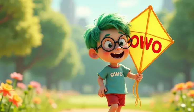 A cheerful and nerdy cute boy, Owo, , with big round glasses, bright green messy hair, clear hair fiber, handsome cute boy, wearing a light blue t-shirt with "owo" written on it and red shorts, holding a large yellow kite with the word "Owo" written on it ...