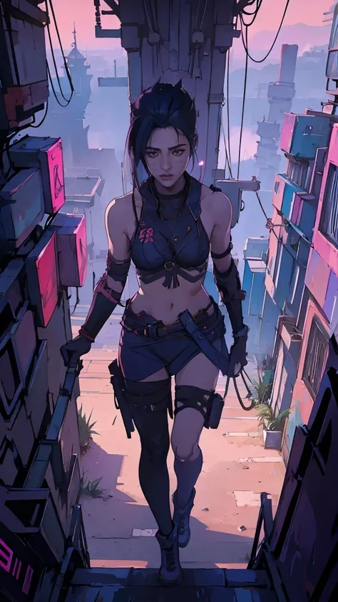 a half naked young girl walking on the top of the building, cyberpunk anime