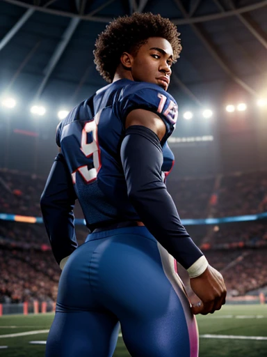 football player black boy with big bubble butt on football field, perfect realistic symmetrical face, 21 years old, curly hair, high detail, full body, photography, homoerotic, perfect face, skinny, lean, 8k, realistic, ultra hd, realistic, vivid colors, h...