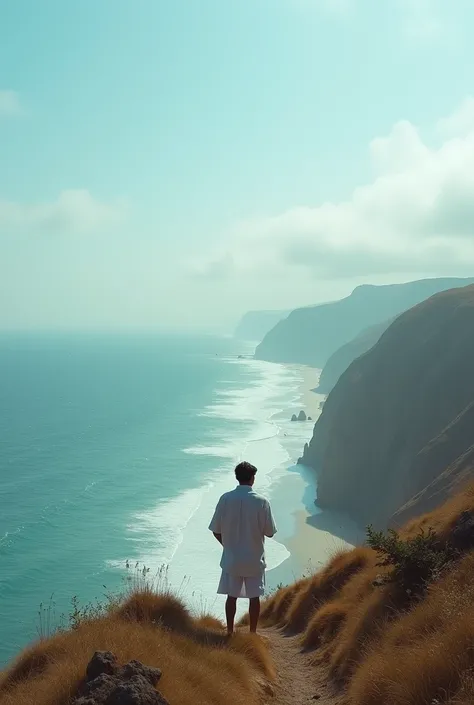 arafed man standing on a hill overlooking a beach and ocean, a picture inspired by Adam Dario Keel, tumblr, realism, the ocean in the background, with a long white, standing near the beach, from 8 k matte, ocean in the background, overlooking the beach, lo...