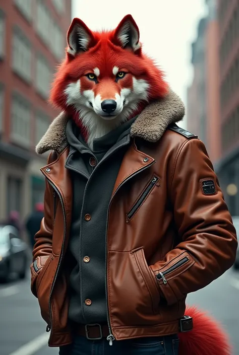 Red-backed furry wolf with gray-white fur ,  dressed casually in a brown leather jacket 