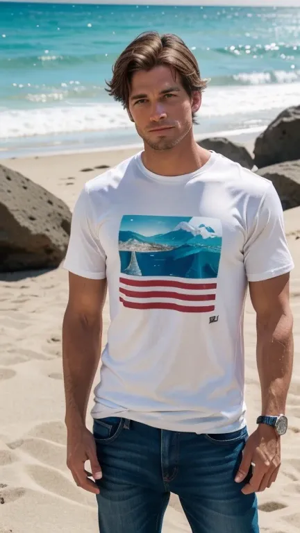 solo , 1man , American man Standing , beach t-shirt , full shirt , look at the viewer ,