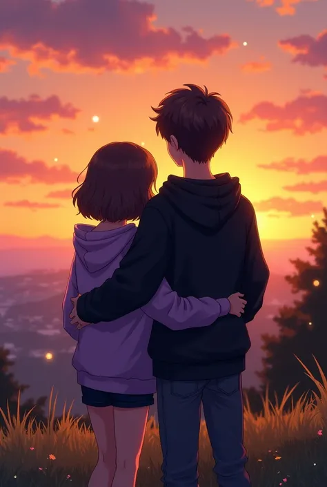 a copule watching the sun set the girl with short hair and wearing a purple hoodie while the boy is wearing a black hoodie and is taller than the girl