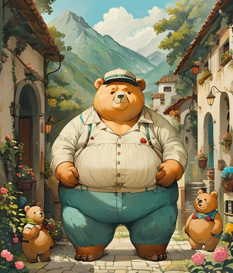 style of Fernando Botero, (cute, fat, obese, anthro, male, bear), solo, full body, fur, ((cyan underwear)), mountain, dynamic pose, hires textures, highly detailed, intricate details, best quality, masterpiece