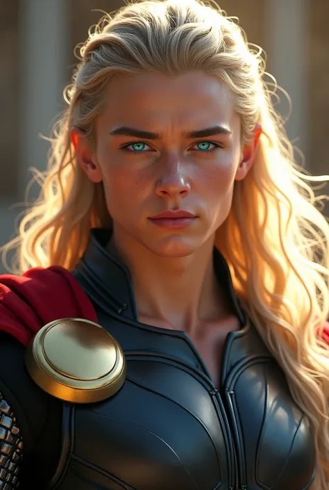  Thor as a teenage man, no beard, olhos azuis brilhantes,  long blond hair , face and features perfect soft lips sculpted,  well defined jaw and cheekbones divine beauty, Divine Aura . Is he in Asgard 
