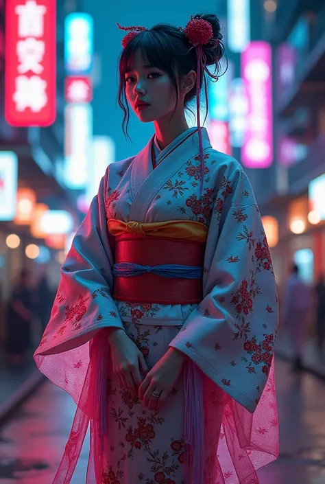 Japanese traditional dress, Katsushika Hokusai Style, (cyberpunk) (neon)