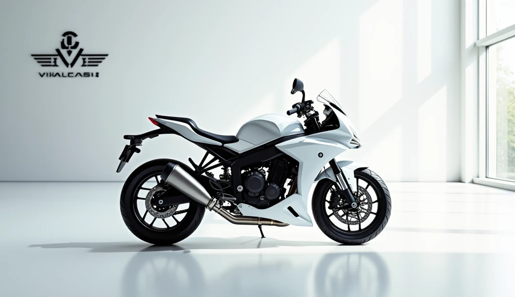 A full attractive hd photo of new 2025 Benda Napoleon bob 250_ white color of exterior. A white shiny showroom background logo on the wall. A sports bike rear back side with view of vehicle.