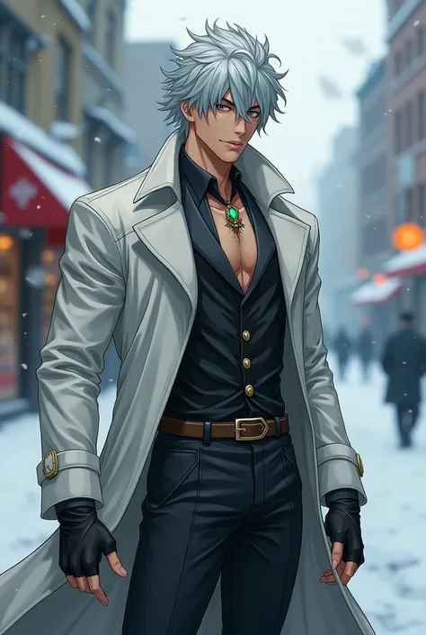 Design an extraordinarily handsome man who surpasses the combined allure of Satoru Gojo and Ryuken Ishida. He possesses a perfectly chiseled jawline, captivating silver hair that flows slightly in the wind with an effortlessly styled edge, and piercing, ra...