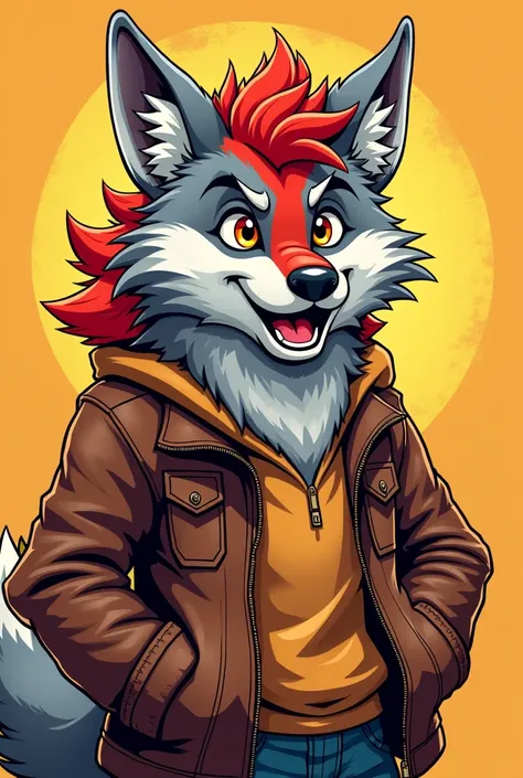 Red-backed furry wolf with gray-white fur ,  dressed casually in a brown leather jacket, comic style 