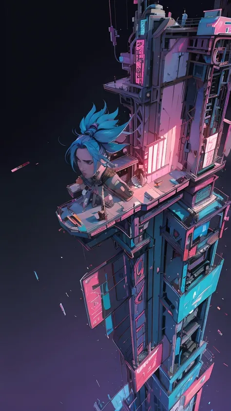 a half naked young girl walking on the top of the building, cyberpunk anime