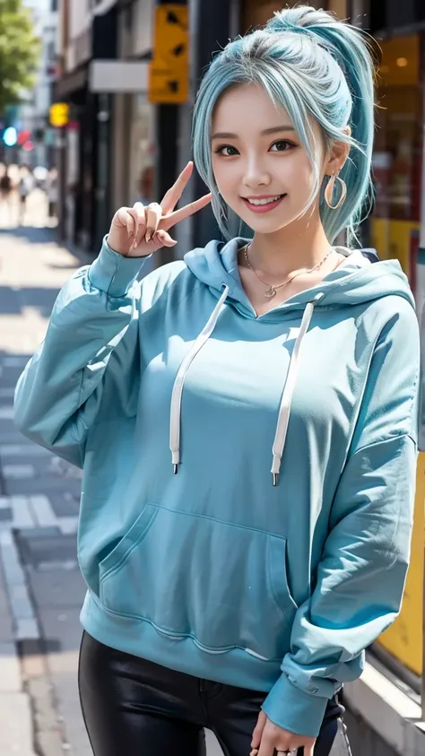  sexy and cute looks and cute girls, ((  light blue hair )),  long hair, (  ponytail),  Beautiful skin, (   OVERSIZE HOODIE :black) ,  Big Rich Breasts :1.3, Thumb and index finger、Middle finger、ring finger、little finger、 extends hands,   Townバックグラウンド, smi...