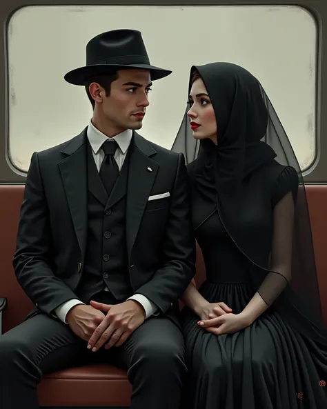 A smart handsome gentleman and a man in a hat on his head sit on a bus seat next to his elegant black veiled wife, both looking calm and composed.