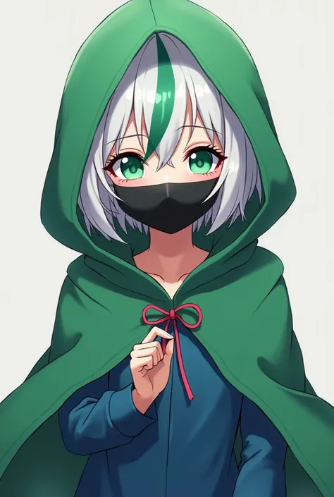  Create an anime-style image , Of one with short hair and short whites, with stripe on the head,  with a blue blouse and a green cloak with a green hoodie over her head,  her eyes are cyan green , and she holds a catchphrase in her hand ,  and wears a blac...