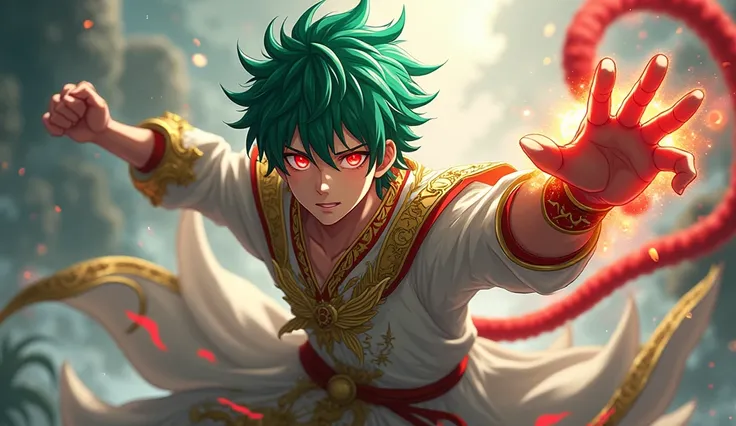 male anime character ,  green hair, Ojos rojos, Red monkey tail ,  Divine Garment , throwing a punch with his fist 