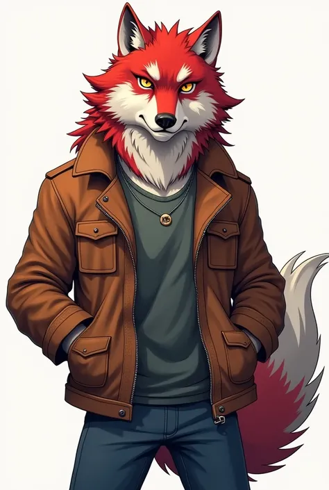 Red-backed furry wolf with gray-white fur ,  dressed casually in a brown leather jacket,  anime style 