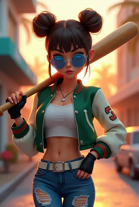 A hot young adult female hairstyled in twin buns with bangs, blue eyes wearing blue aviator shades, a green cropped varsity jacket with white sleeved rolled up over a white cropped tank top, black fingerless gloves, fitted. torn denim jeans with a white be...