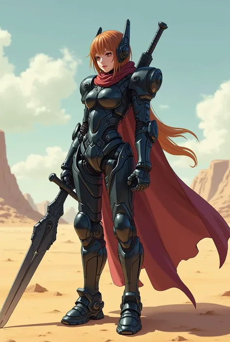 anime character with a sword and armor in a desert area, girl in mecha cyber armor, armor girl, cyberpunk anime girl mech, mechanized valkyrie girl, female mecha, saudi futuristic warrior mecha, high quality digital concept art, covered in full metal armor...