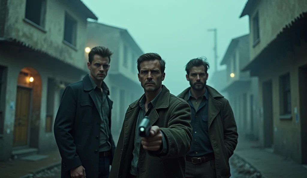 3 men, The man in the middle with a gun,  from the 80s in a rustic and old town with a lot of fog 