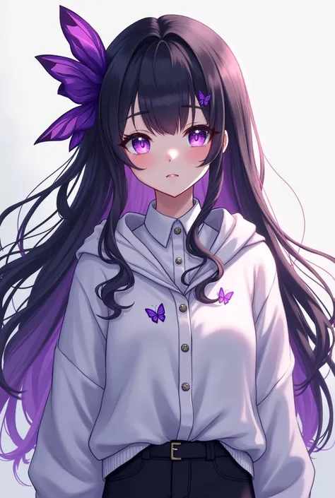  Black hair with purple tips and a purple butterfly bow on the back,Shirt with buttons and black pants ,  purple eyes,  white hoodie with butterfly pattern  ,hair up 