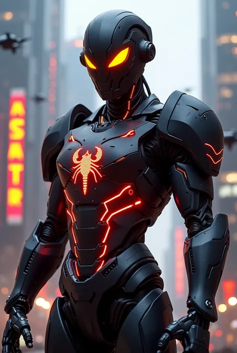 " A Scorpion-themed robotic warrior ,  displaying matte black titanium armor and lines of pulsating red light .  The design includes a retractable tail with sharp blades and shoulder pads shaped like technological tweezers. The eyes glow in intense yellow ...