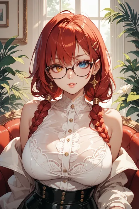 Red haired woman, glasses, eyes with heterochromia,  voluptuous body, silk clothing 