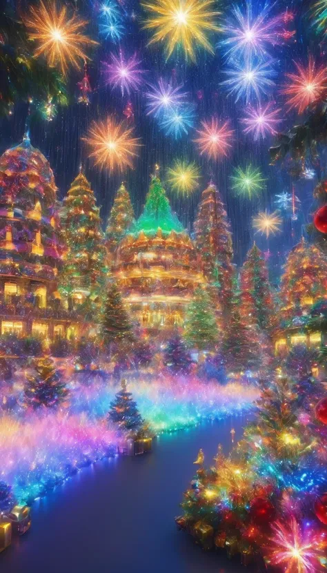 Rainbowの雪が降っている、Rainbowに光るクリスマスツリー、 Christmas decoration style happening in a bustling, bright cityscape, (masterpiece:1.3) (最 High Quality :1.2) ( High Quality :1.1)16k,  super high res,  super high res,  Born , amazing ,future、Rainbow、The world 30 yeArs ...