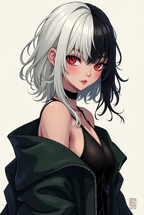 White hair, Long hair,  bangs , 짧은 Side hair,  red eyes, 2D, ,  right black,  off-shoulder, Overfit jacket , human being, Raw hair, Side hair