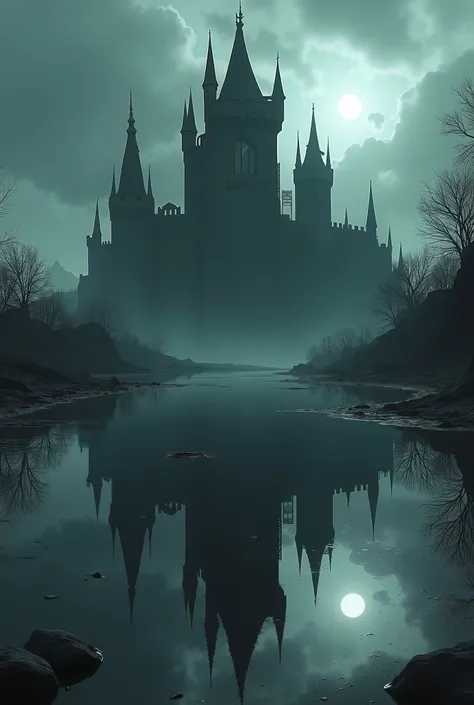 Beautiful castle images with shadows reflected in the water are evil-looking castles