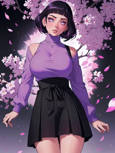 { - anatomy error} (Masterpiece - Ultra-detailed, very high resolution) (huge titusty, masterpiece, absurdres, hinata(boruto), 1girl, solo,mature female, lilac turtleneck blouse, high waist black short skirt, looking at viewelling petals), perfect composit...