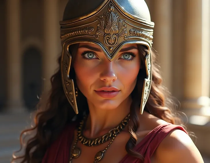 beautiful and sexy roman woman, blue eyes, with llelmo or roman helmet and roman sandals 