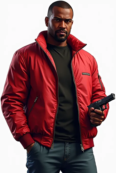  Theres a man with a gun in one hand, gta character, Like the protagonist of GTA 5, GTA V Estilo, like a gtav character, gta5 style, gta v character, holding a pistol ,  GTA 5 black skin tone, Gangster in GTA V ,  red jacket , transparent background 