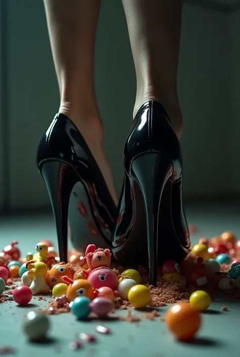 Close up view of black platform high heels crushing toys on the floor