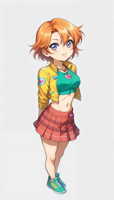 1girl, short hair, orange hair, green shirt, skin tight crop top, form fitting, bare midriff, heart symbol, plaid skirt, red skirt, tied jacket, yellow jacket, mini skirt, standing, necklace, looking at viewer, sporty, athletic build, confident pose,2D, ce...