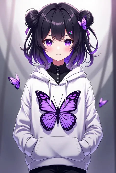  Black hair with purple tips and a purple butterfly bow on the back,Shirt with buttons and black pants ,  purple eyes, white hoodie with butterfly pattern also the hair of a bun,Drawing