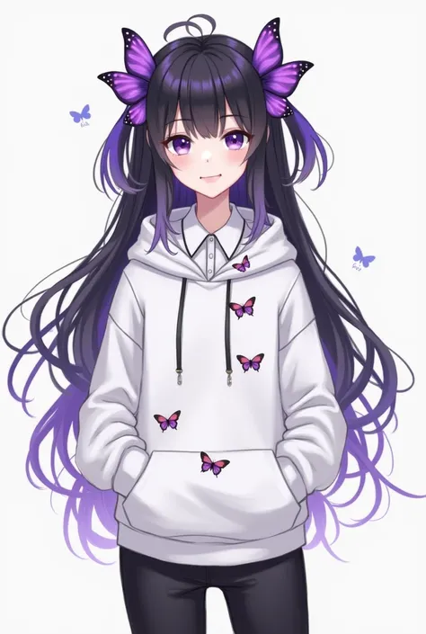  Black hair with purple tips and a purple butterfly bow on the back,Shirt with buttons and black pants ,  purple eyes, white hoodie with butterfly pattern and with hair tied up as a bow , Drawing 