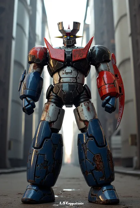   a very realistic version of the Mazinger Z ,  standing in a forward position at a height of 18 meters .  constructed with modern materials such as steel ,  Carbon Fiber ,  other industrial elements are also visible ,  just like the real thing , Rugged ex...