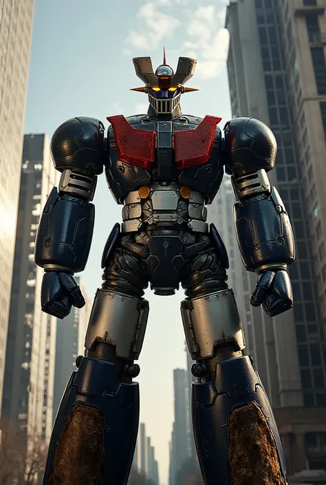   a very realistic version of the Mazinger Z ,  standing in a forward position at a height of 18 meters .  constructed with modern materials such as steel ,  Carbon Fiber ,  other industrial elements are also visible ,  just like the real thing , Rugged ex...