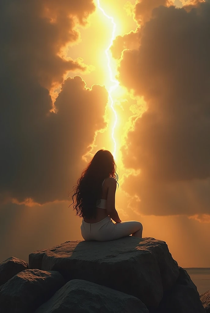  I want you to make an image of a woman with long wavy black hair who is on a firm rock on her knees and back and in front of her a strong light that comes from the throne of God. Also shadows that come out of dark clouds with hands that want to take it bu...