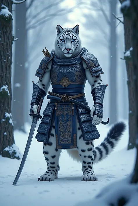 "Create an awe-inspiring digital artwork of a hybrid warrior-animal figure standing in a tranquil yet tense snowy forest. This being is a fusion of a samurai and a snow leopard, combining the discipline and grace of a warrior with the raw power and agility...