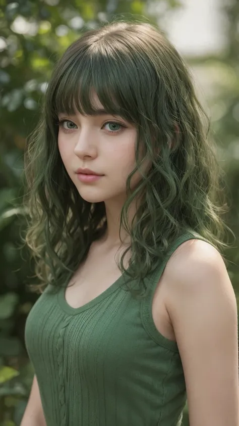 a girl. detailed face. half-closed eyes. detailed expression. green eyes. bangs. curly hair. Green hair