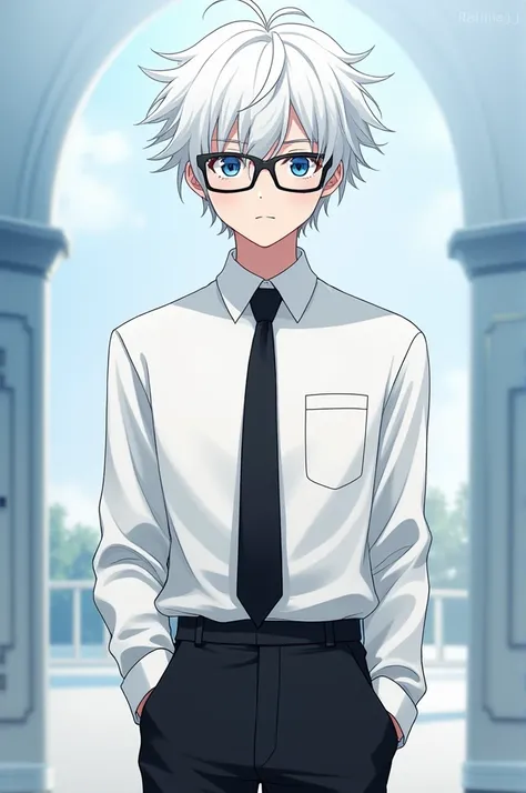 boy,white hair,fluffy hair,blue eyes,white boy uniform,black uniform pants,black tie,black glasses,tall,anime, handsome