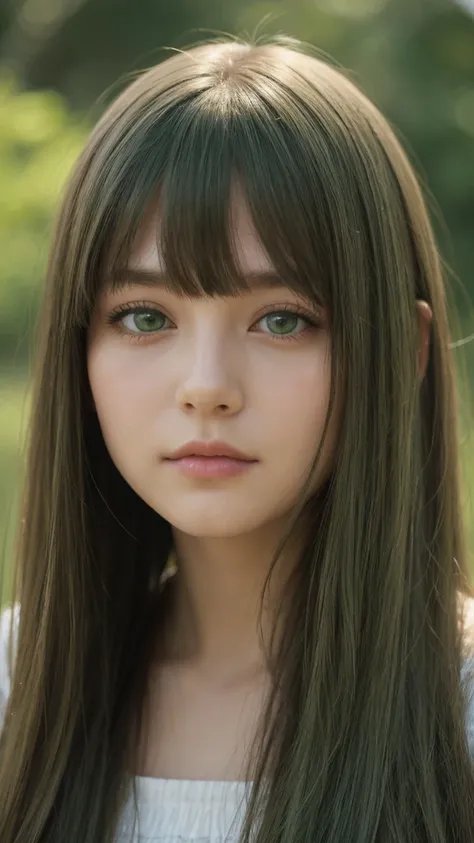 a girl. detailed face. half-closed eyes. detailed expression. green eyes. long straight hair. thick hair. bangs. green hair