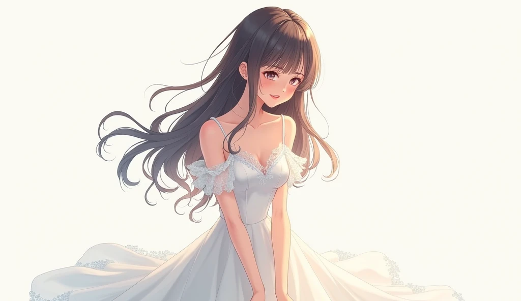  a beautiful woman , wear a white dress , embarrassment ,  anime style 