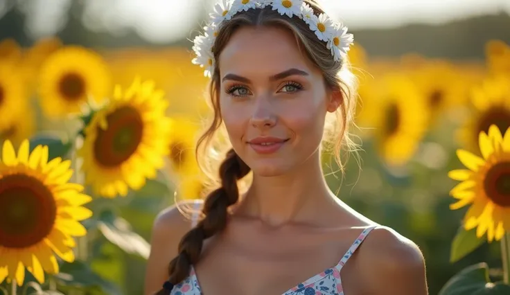 woman wearing a modern A model poses confidently, she smiled sweetly., She wore a white headband decorated with flowers.,wearing a underwear with a blue and beige floral pattern. The underwear transparent fabric, with her hair styled in neat braids. The ba...