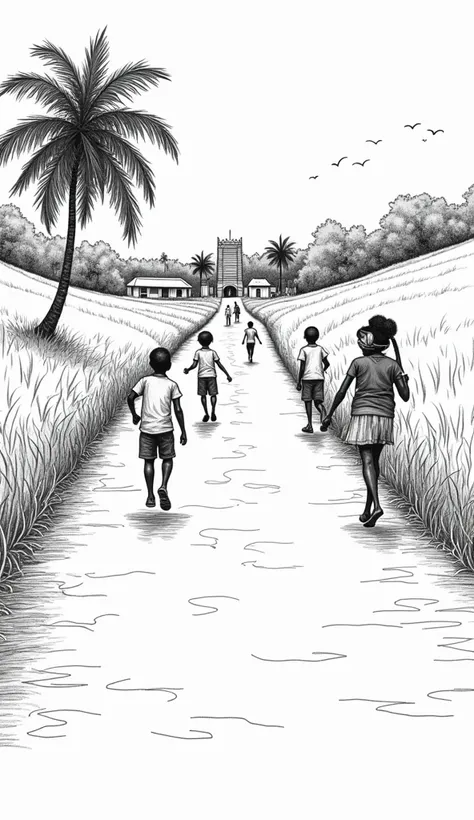 A narrow, winding village road drawn in intricate line work. On one side of the road, young boys play cricket under a coconut grove, their joyous movements sketched with fluid lines. On the other side, a young girl carrying a pot of water trudges uphill, h...